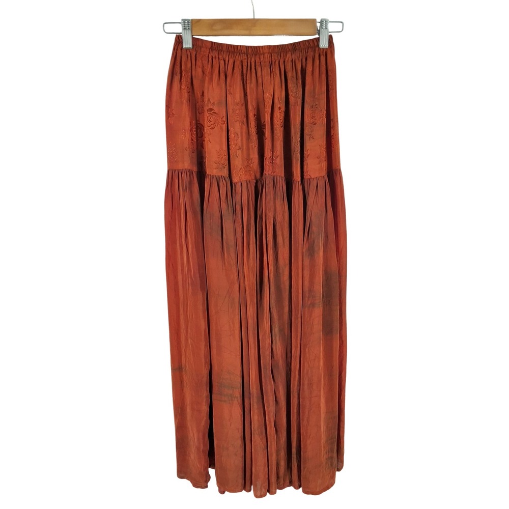 URU Hand Dyed Rayon Maxi Skirt Terracotta Floral Jacquard Boho Lagenlook OS